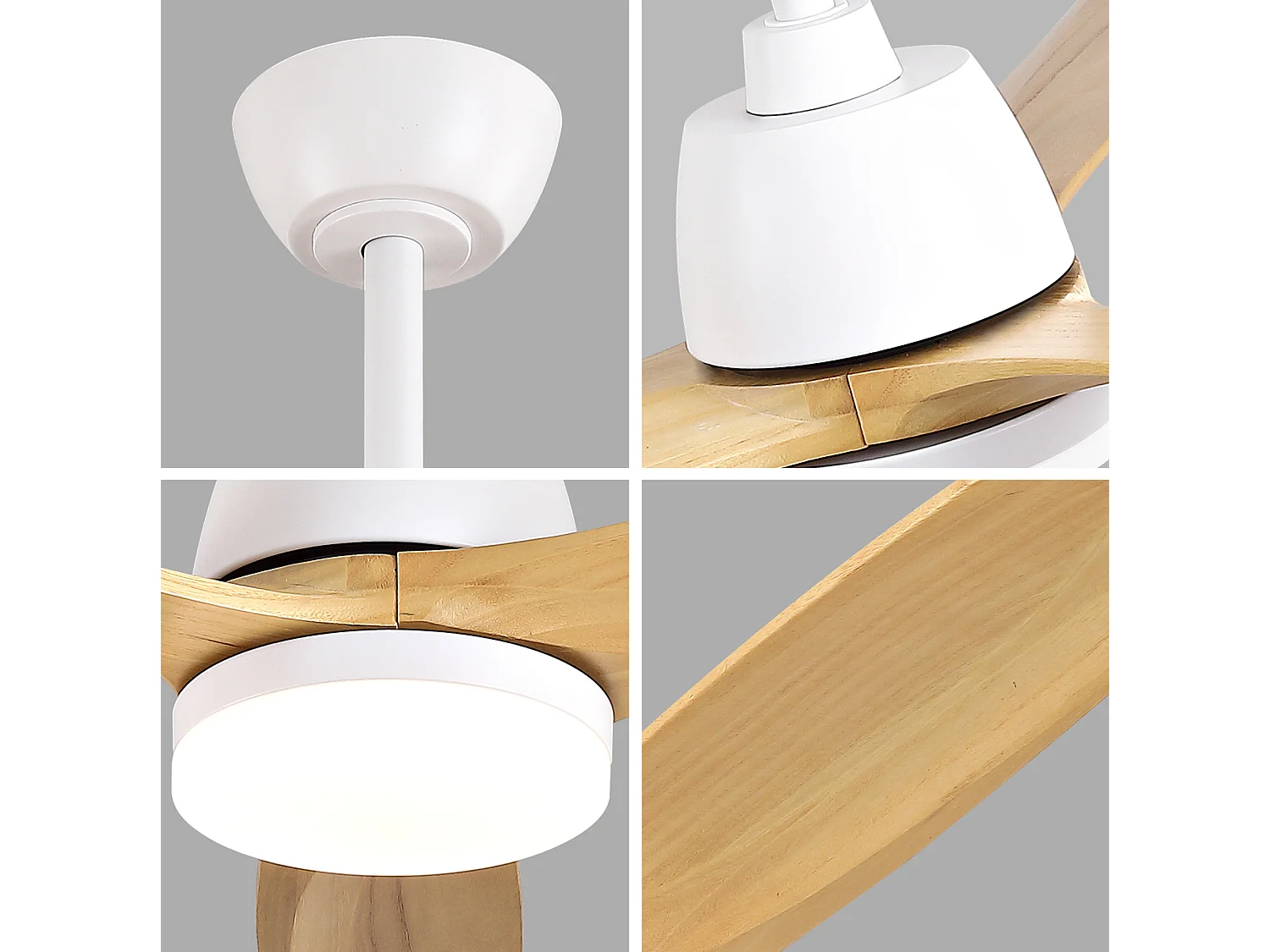 Ventilateur de plafond moderne avec intensité lumineuse réglable , 3 pales, 6 vitesses - Blanc et bois