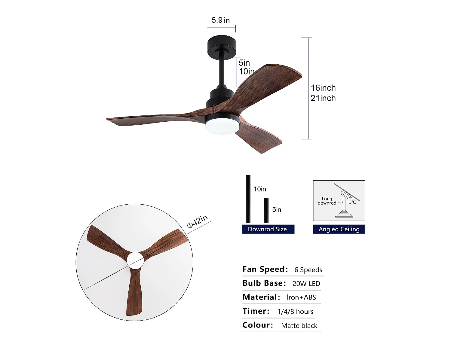 Ventilador de techo de 107 cm con luz, 6 velocidades y temporizador de 3 velocidades - Negro y nogal oscuro