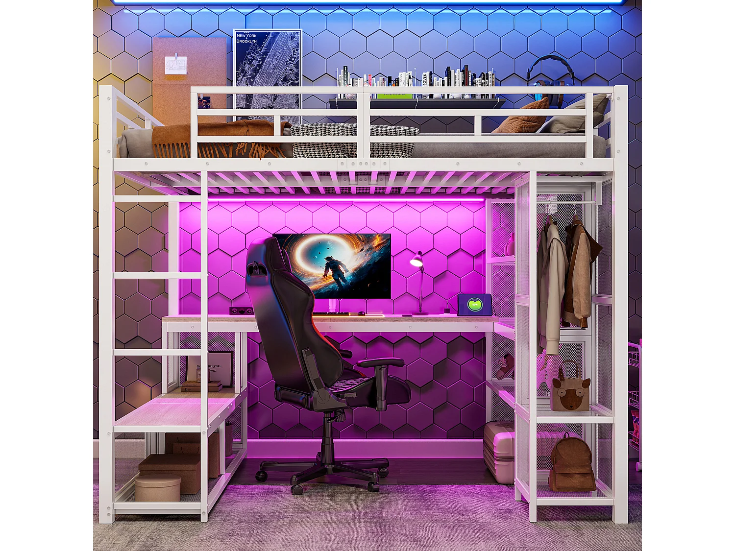 Lit mezzanine en métal 140x200 cm avec rangement, penderie ouverte et port USB - Blanc