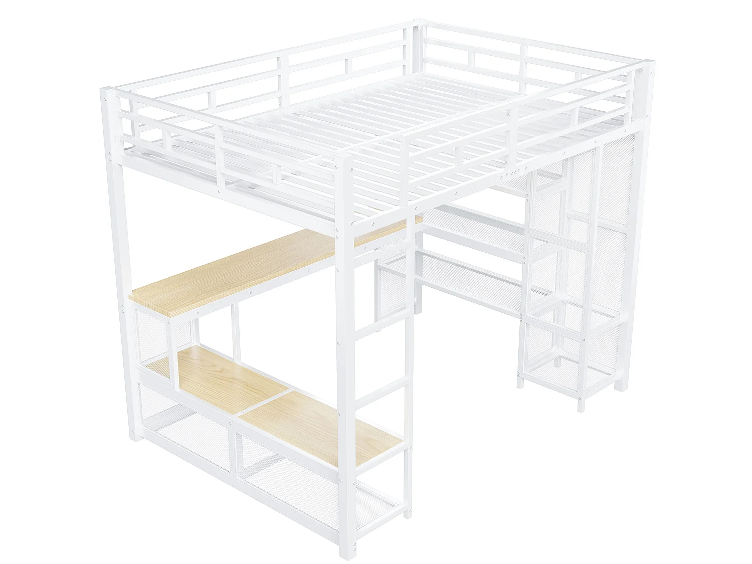 Lit mezzanine en métal 140x200 cm avec rangement, penderie ouverte et port USB - Blanc