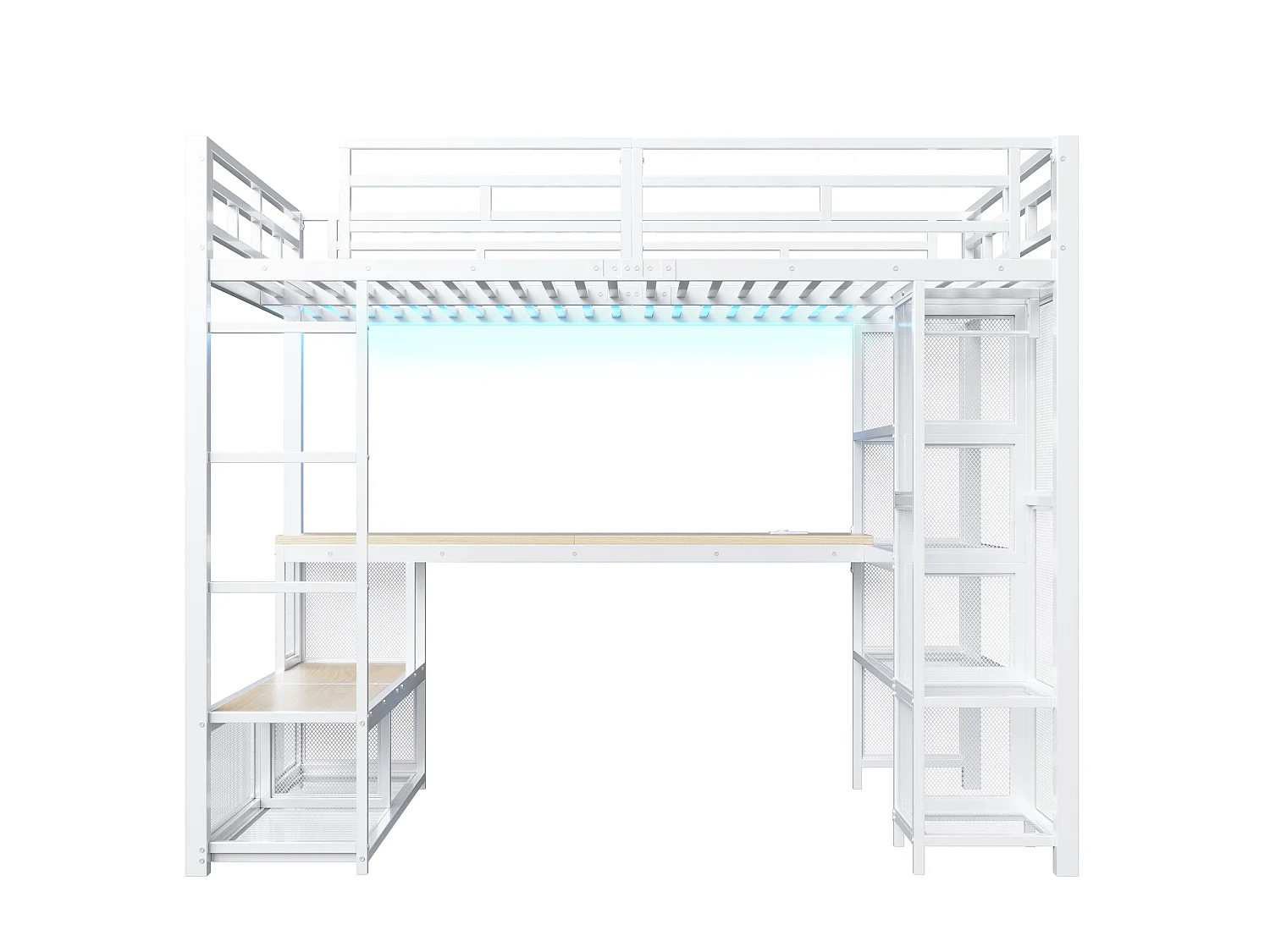 Lit mezzanine en métal 140x200 cm avec rangement, penderie ouverte et port USB - Blanc