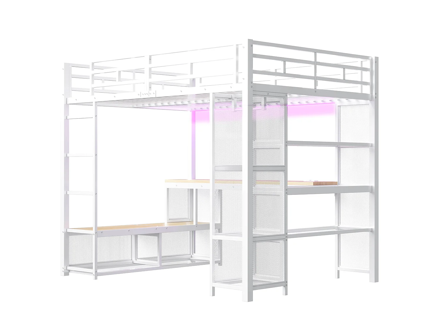 Lit mezzanine en métal 140x200 cm avec rangement, penderie ouverte et port USB - Blanc