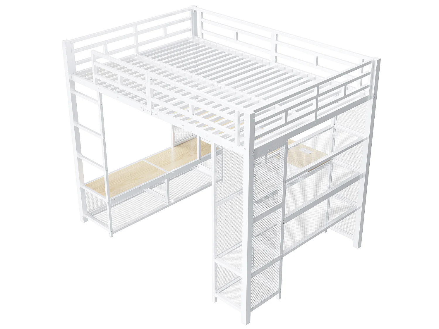 Lit mezzanine en métal 140x200 cm avec rangement, penderie ouverte et port USB - Blanc