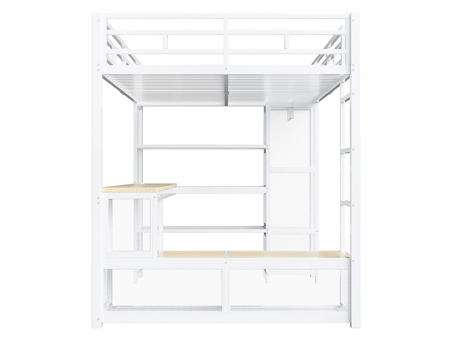 Lit mezzanine en métal 140x200 cm avec rangement, penderie ouverte et port USB - Blanc