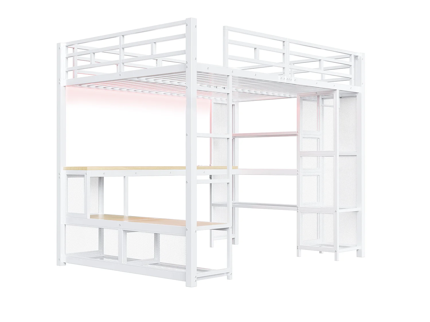 Lit mezzanine en métal 140x200 cm avec rangement, penderie ouverte et port USB - Blanc