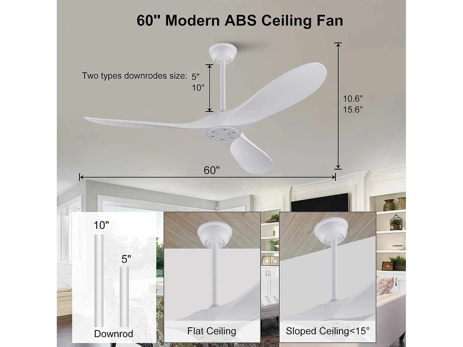 Ventilateur de plafond de 152 cm sans éclairage - moteur CC réversible, fonction minuterie - Blanc
