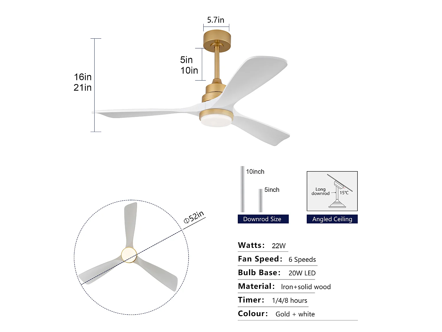 Ventilateur de plafond avec lumière, télécommande, fonction de variation d'intensité, pales en bois - Blanc et or