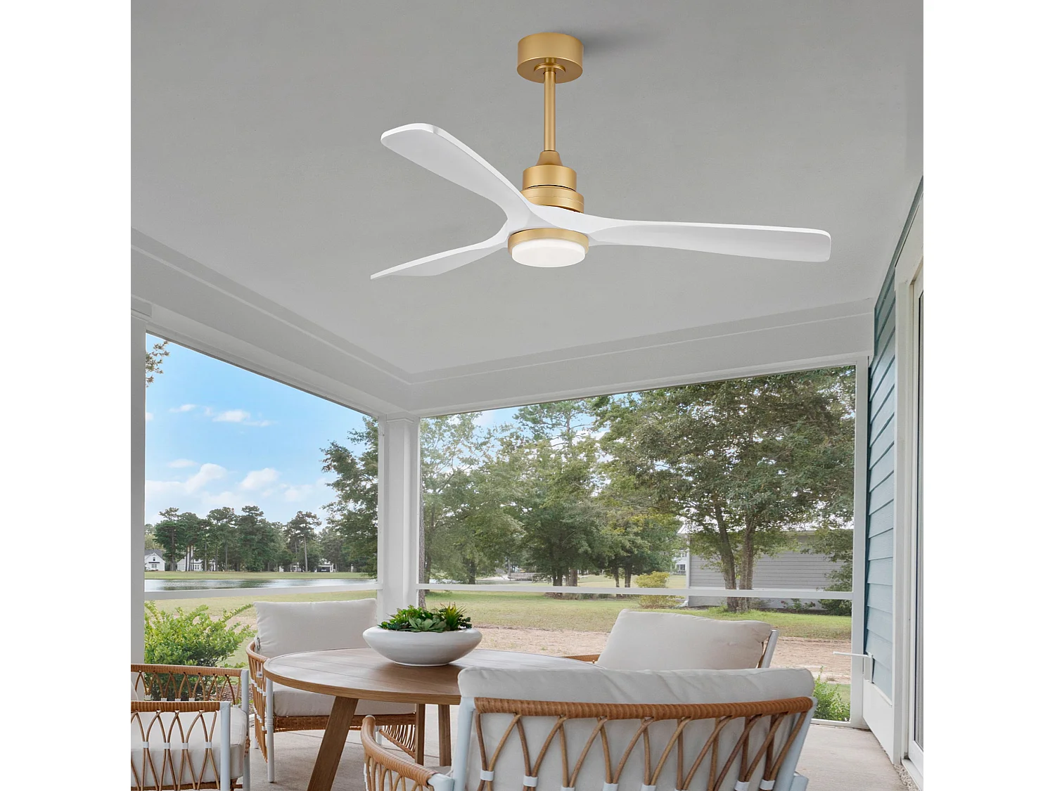 Ventilateur de plafond avec lumière, télécommande, fonction de variation d'intensité, pales en bois - Blanc et or