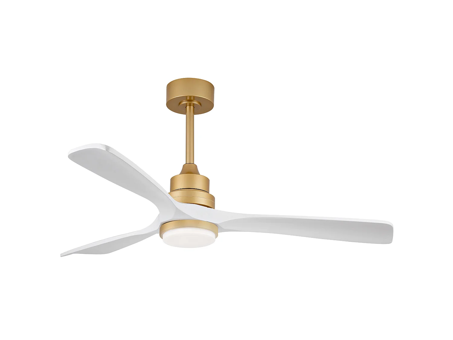 Ventilateur de plafond avec lumière, télécommande, fonction de variation d'intensité, pales en bois - Blanc et or