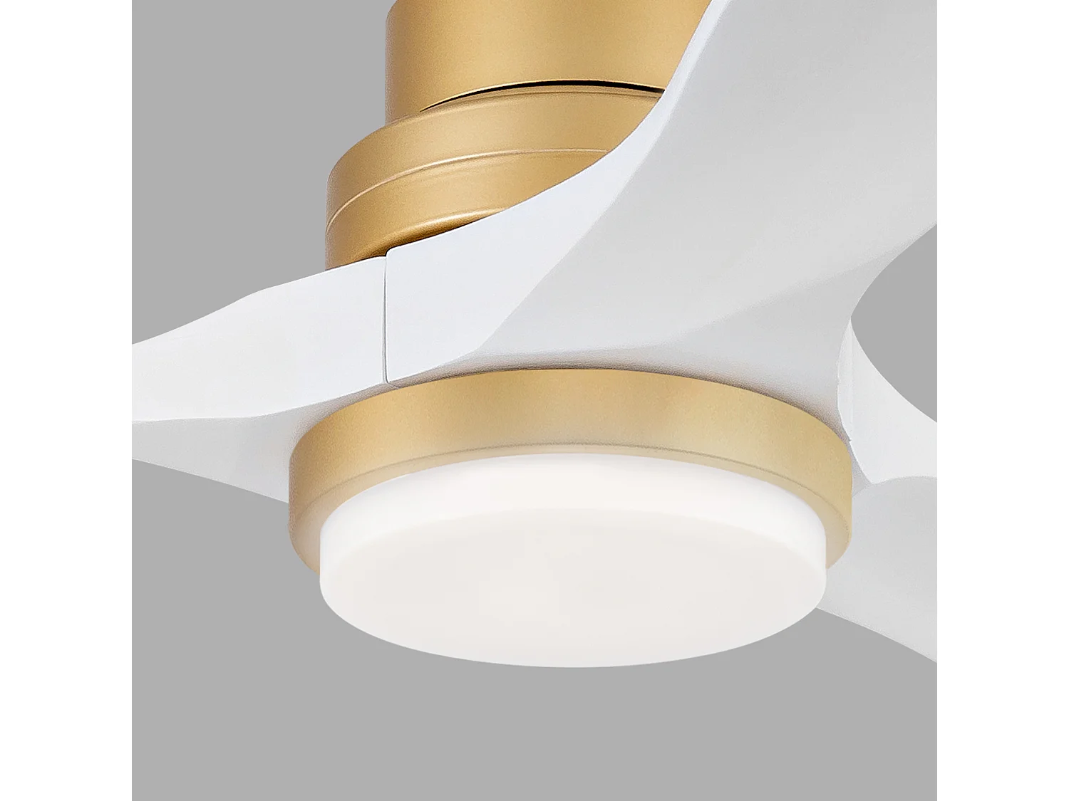 Ventilateur de plafond avec lumière, télécommande, fonction de variation d'intensité, pales en bois - Blanc et or