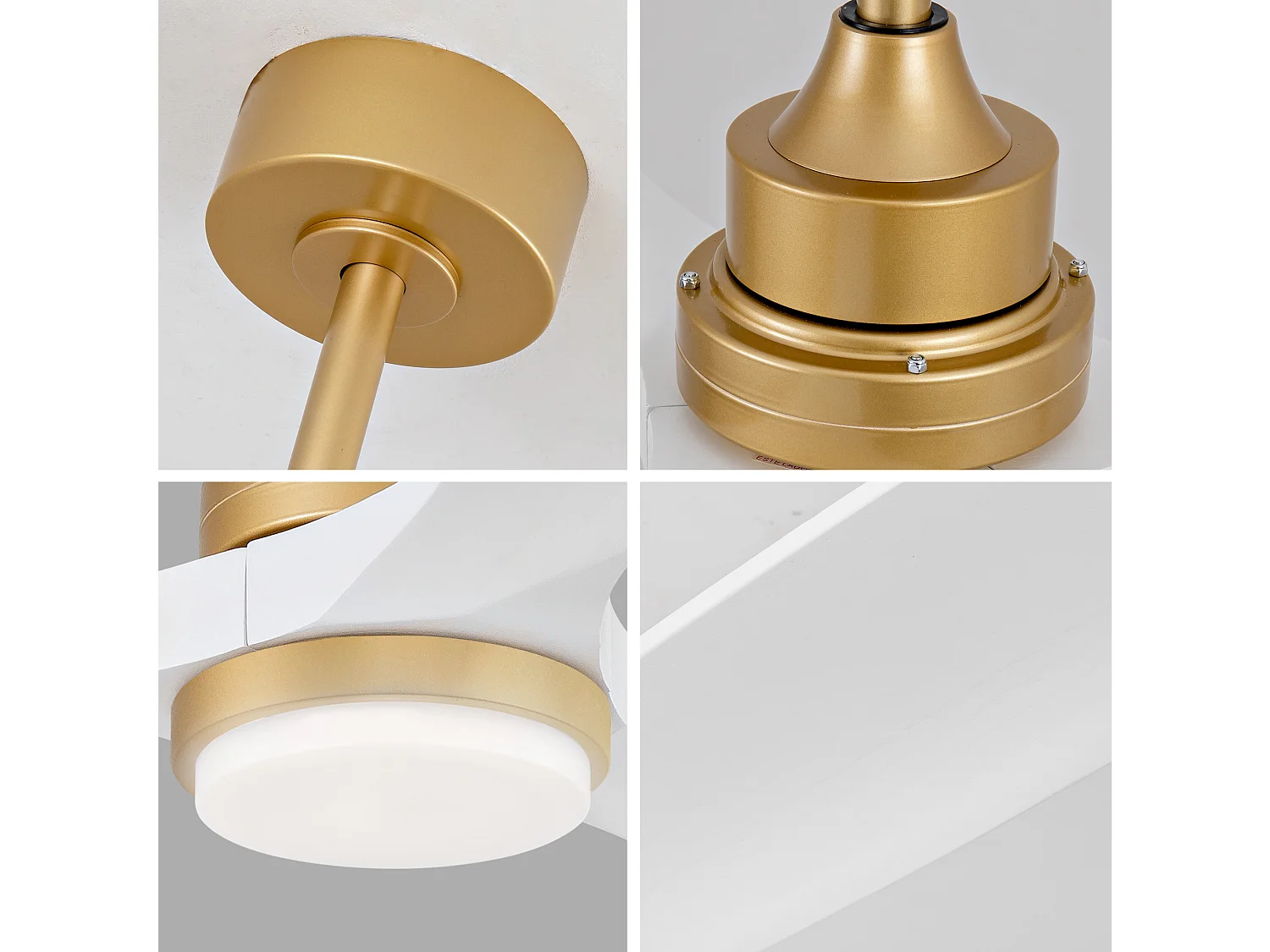 Ventilateur de plafond avec lumière, télécommande, fonction de variation d'intensité, pales en bois - Blanc et or
