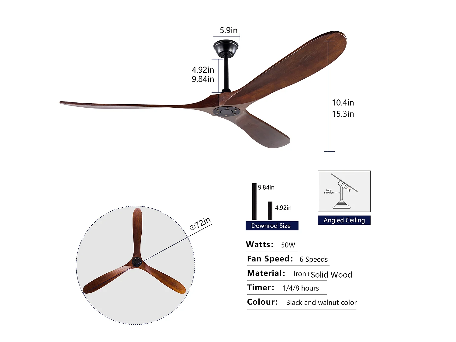 Ventilateur de plafond de 70'' sans éclairage avec 6 vitesse - Pour terrasse, salon, garage et gazebo