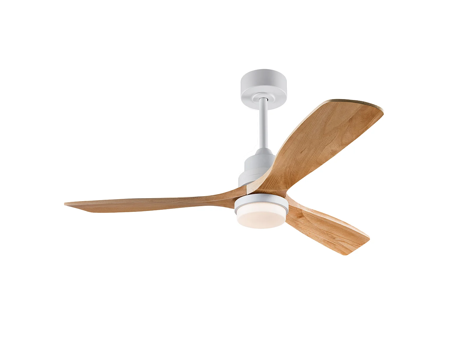 Ventilateur de plafond de 132 cm avec éclairage, télécommande et pales en bois - Blanc et bois