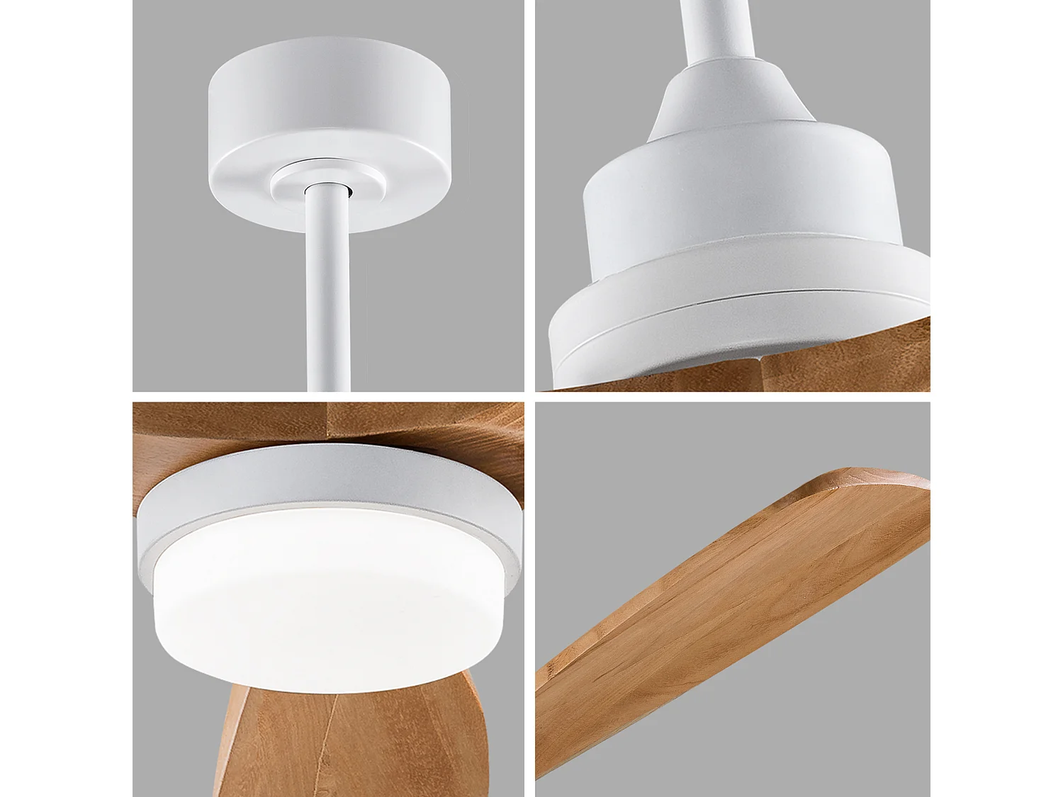 Ventilateur de plafond de 132 cm avec éclairage, télécommande et pales en bois - Blanc et bois