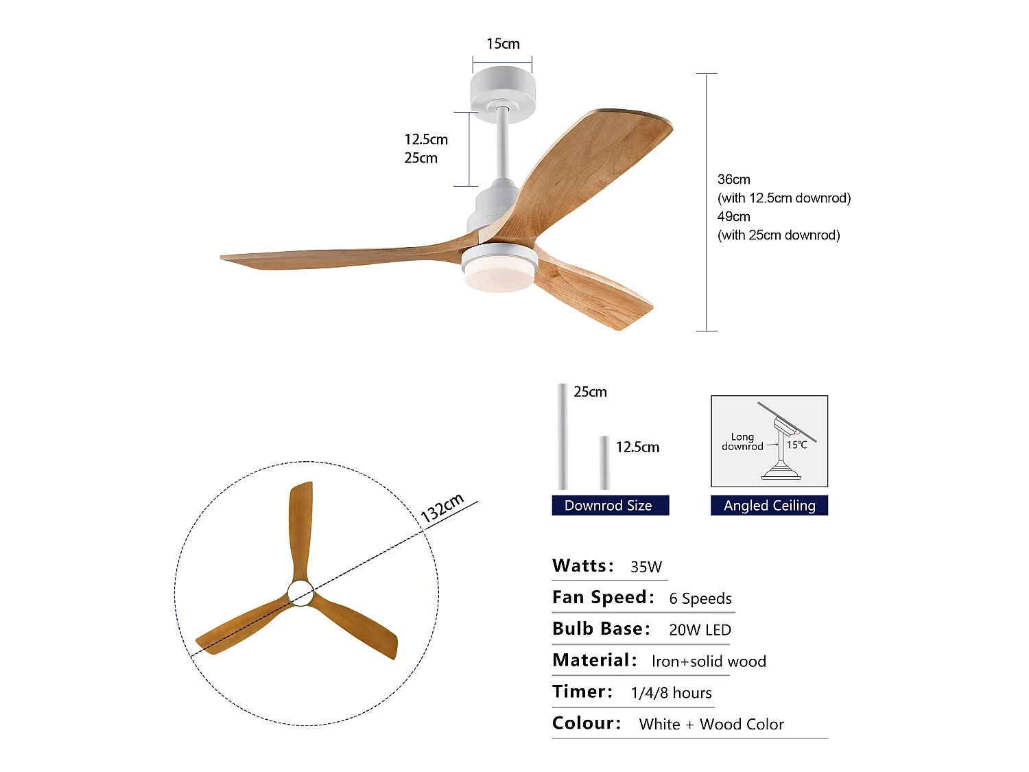 Ventilateur de plafond de 132 cm avec éclairage, télécommande et pales en bois - Blanc et bois