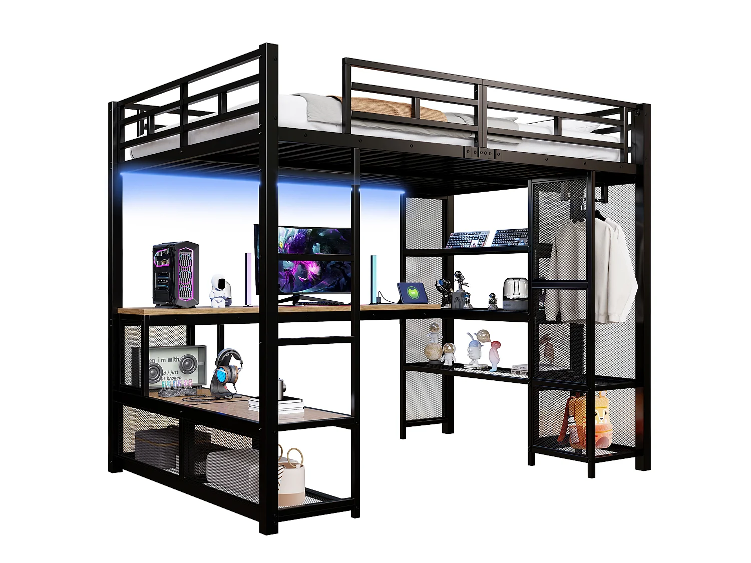 Lit mezzanine en métal 140x200 cm avec rangement, penderie ouverte et port USB - Noir