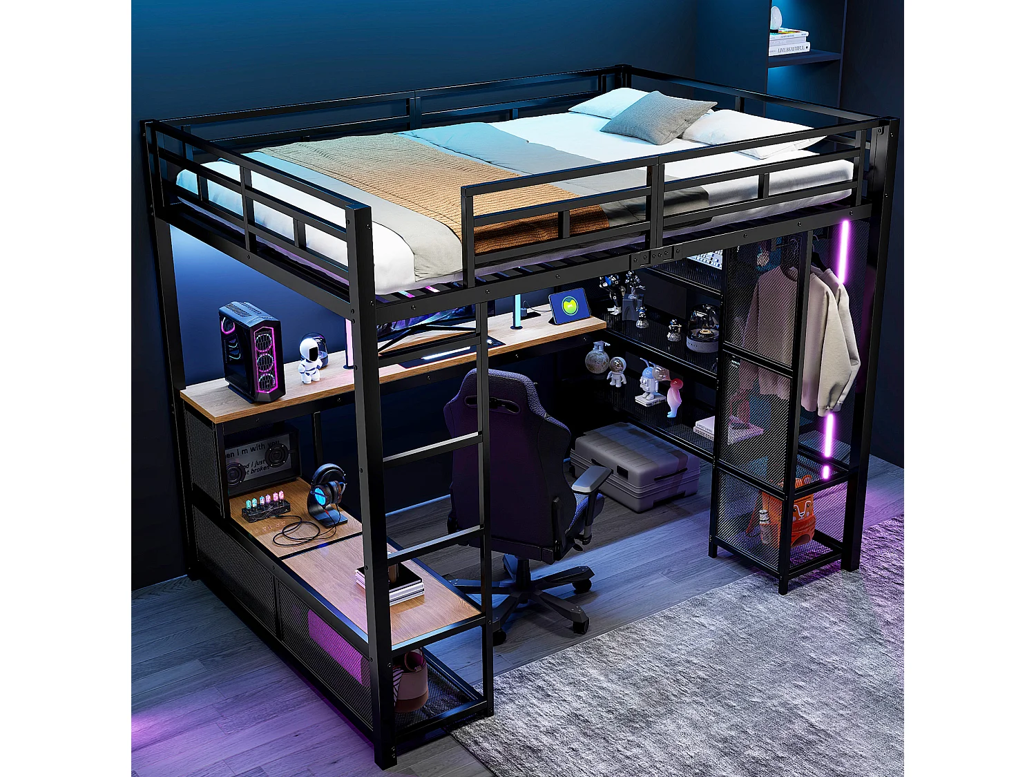 Lit mezzanine en métal 140x200 cm avec rangement, penderie ouverte et port USB - Noir