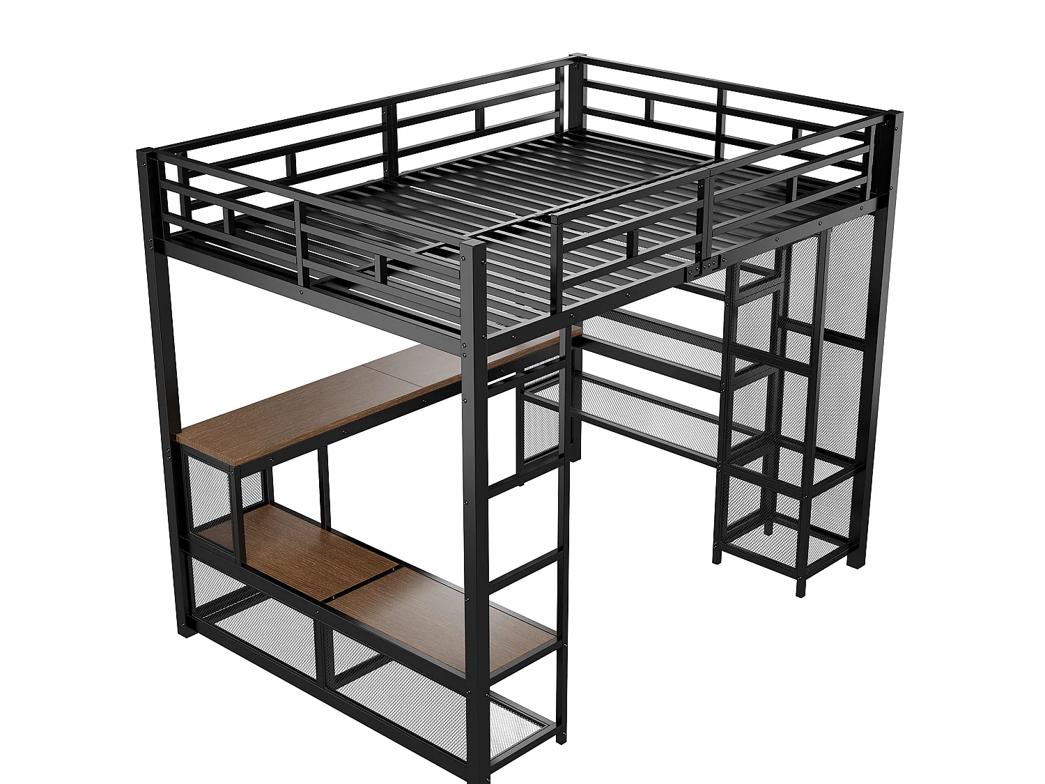 Lit mezzanine en métal 140x200 cm avec rangement, penderie ouverte et port USB - Noir