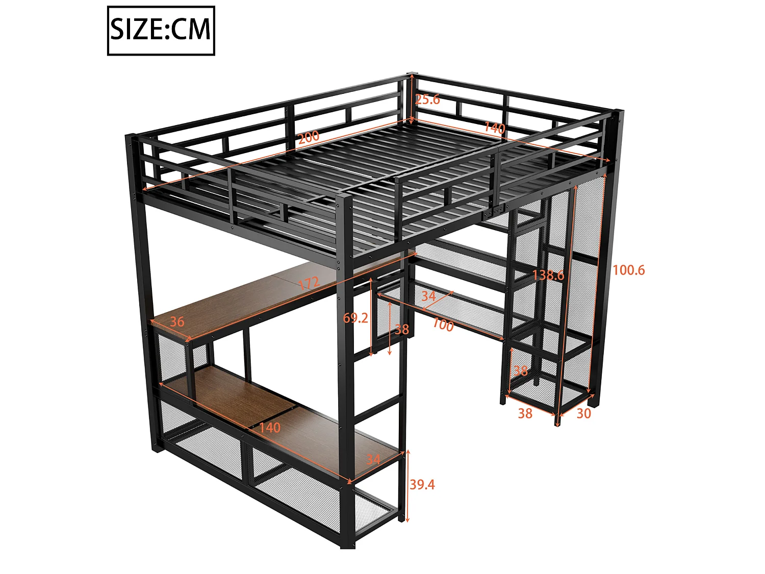 Lit mezzanine en métal 140x200 cm avec rangement, penderie ouverte et port USB - Noir
