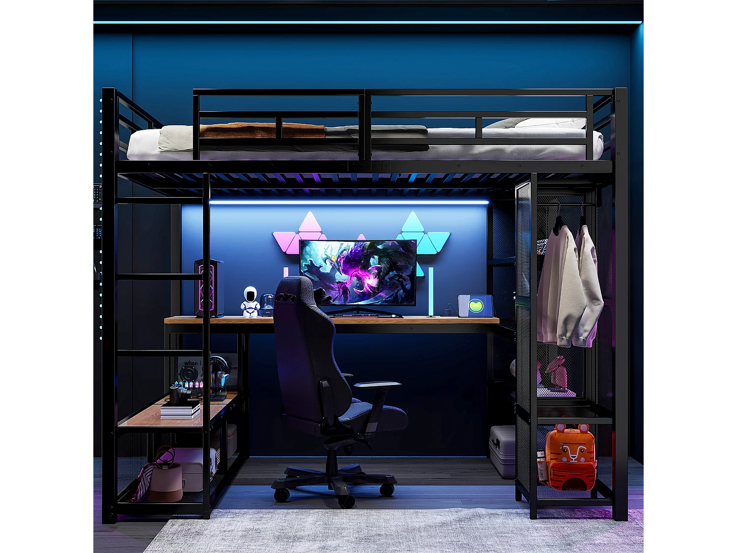 Lit mezzanine en métal 140x200 cm avec rangement, penderie ouverte et port USB - Noir