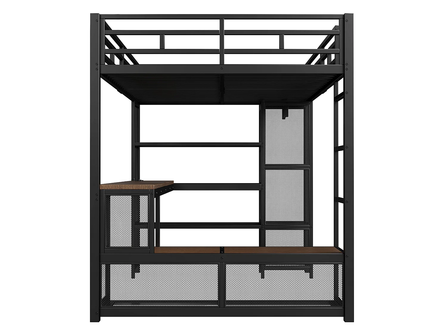 Lit mezzanine en métal 140x200 cm avec rangement, penderie ouverte et port USB - Noir
