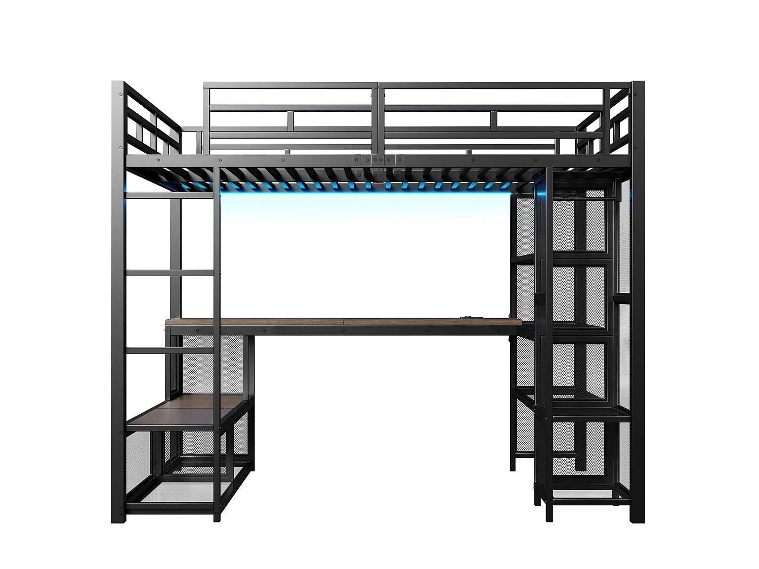 Lit mezzanine en métal 140x200 cm avec rangement, penderie ouverte et port USB - Noir