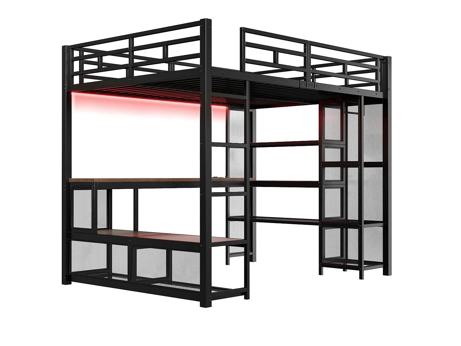 Lit mezzanine en métal 140x200 cm avec rangement, penderie ouverte et port USB - Noir