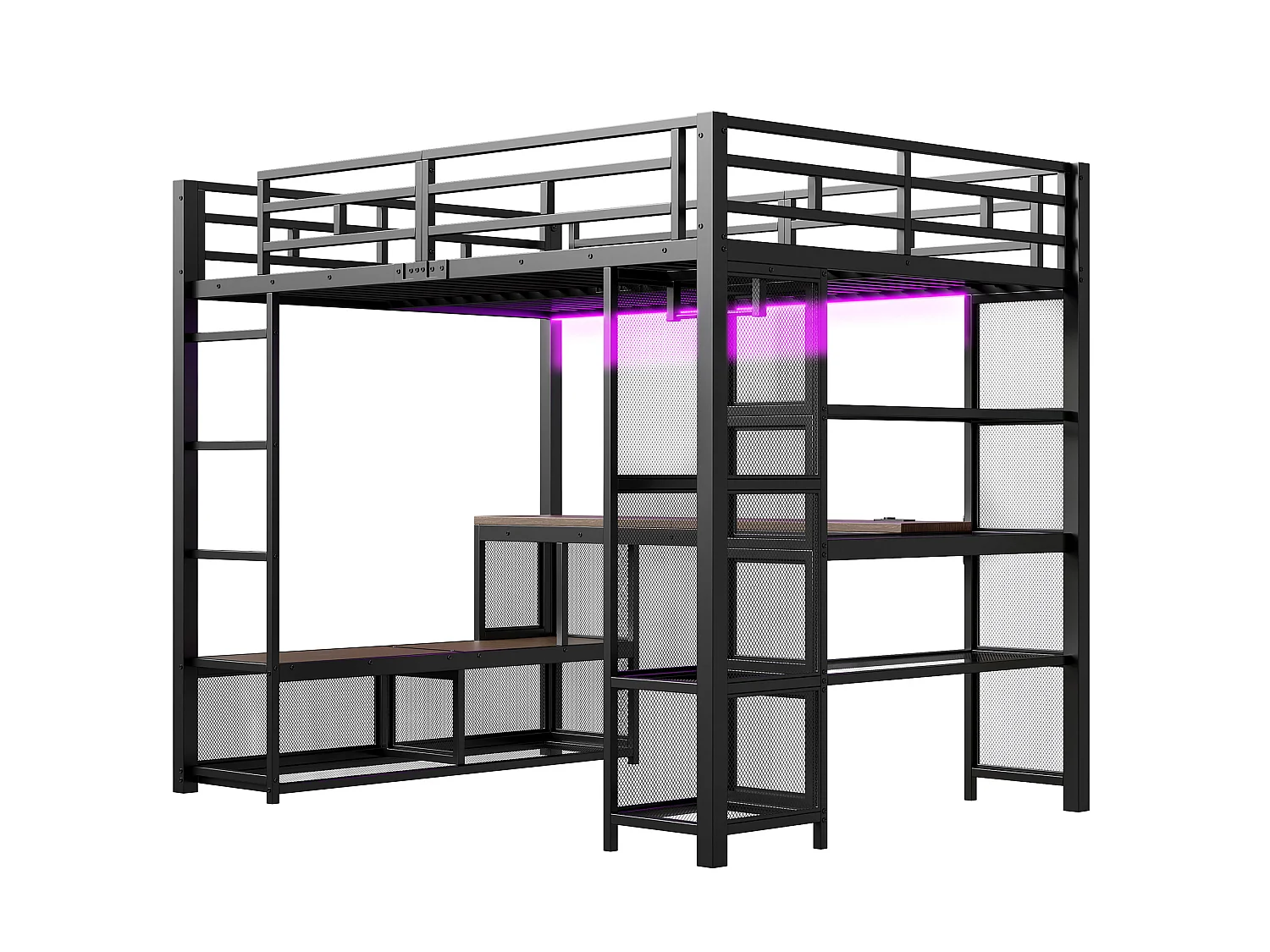 Lit mezzanine en métal 140x200 cm avec rangement, penderie ouverte et port USB - Noir