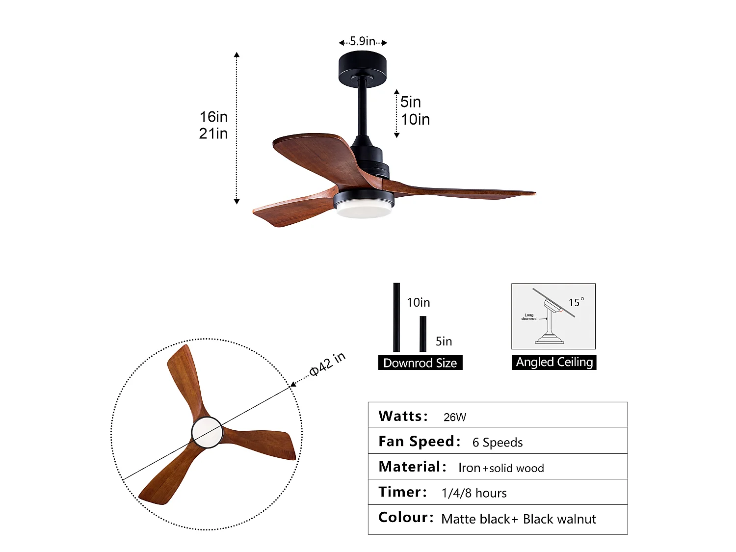 Ventilador de techo de 107 cm con luz, incluye mando a distancia de 6 velocidades y función reversible.