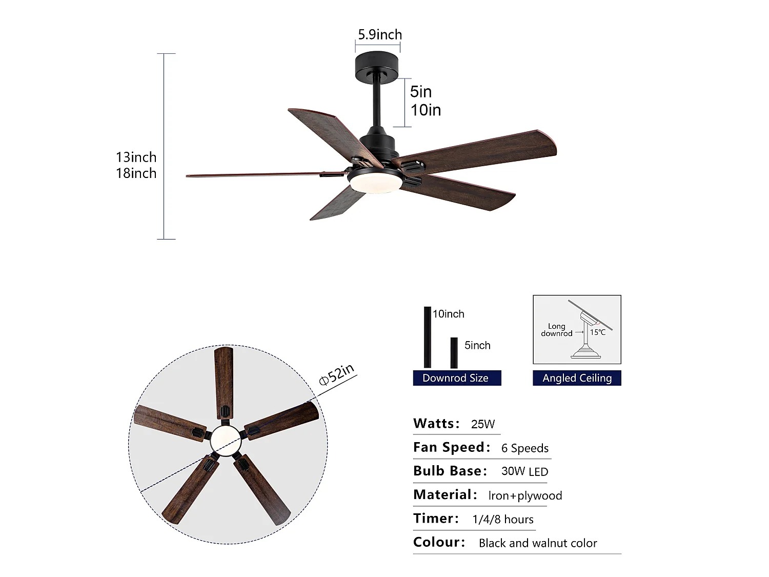 Ventilateur de plafond noir de 52" avec éclairage et télécommande