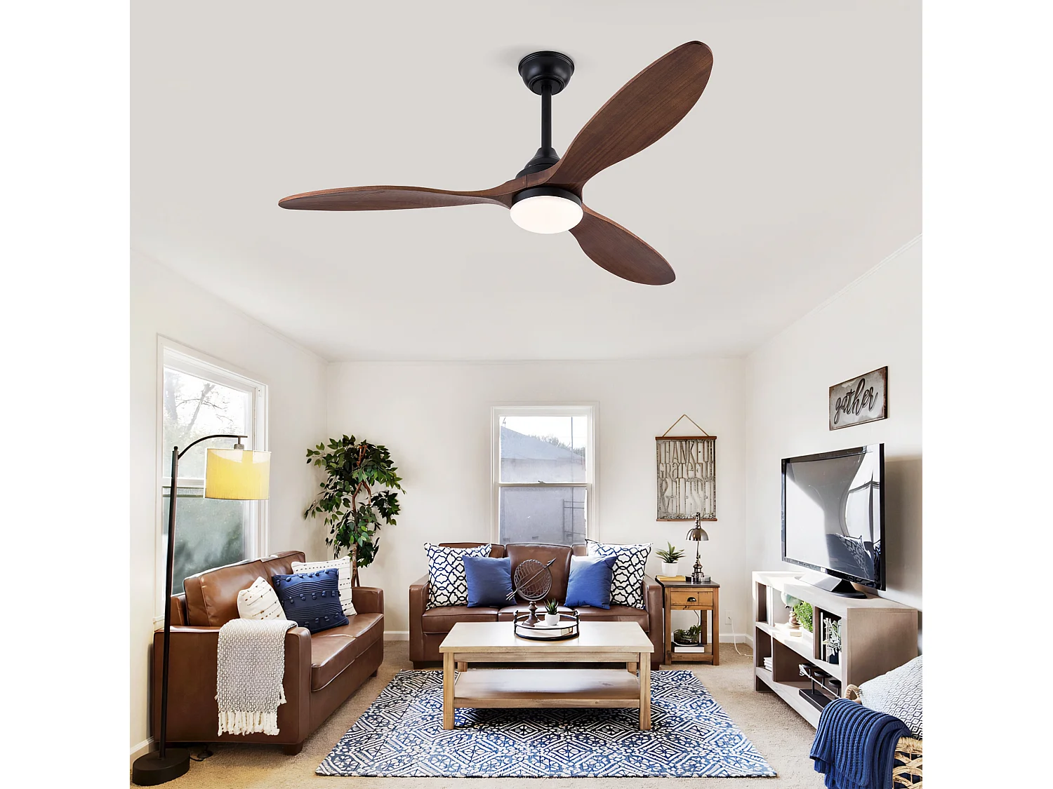 Ventilateur de plafond 52 pouces avec éclairage LED, 3 pales en bois et silencieux