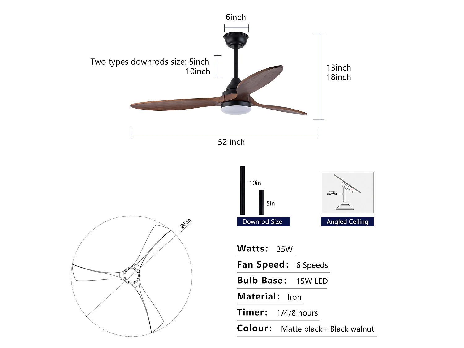 Ventilateur de plafond 52 pouces avec éclairage LED, 3 pales en bois et silencieux