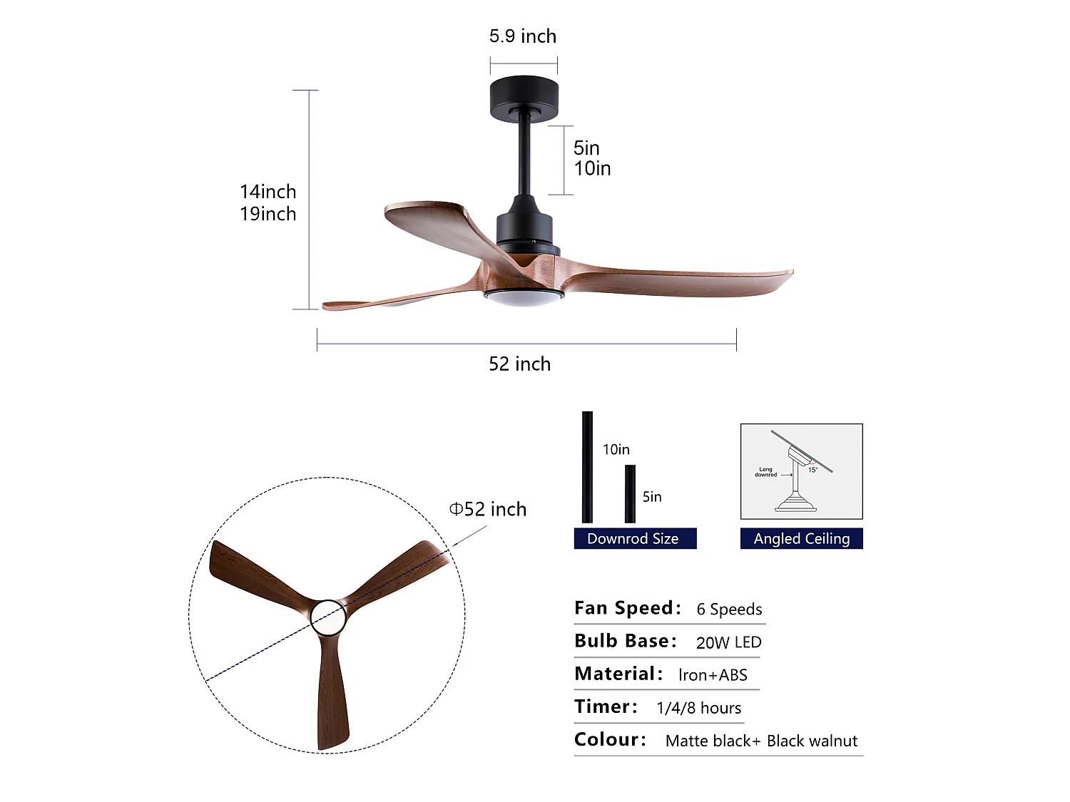132 cm takfläkt med belysning, 6 hastigheter och timerfunktion - Mörk naturlig