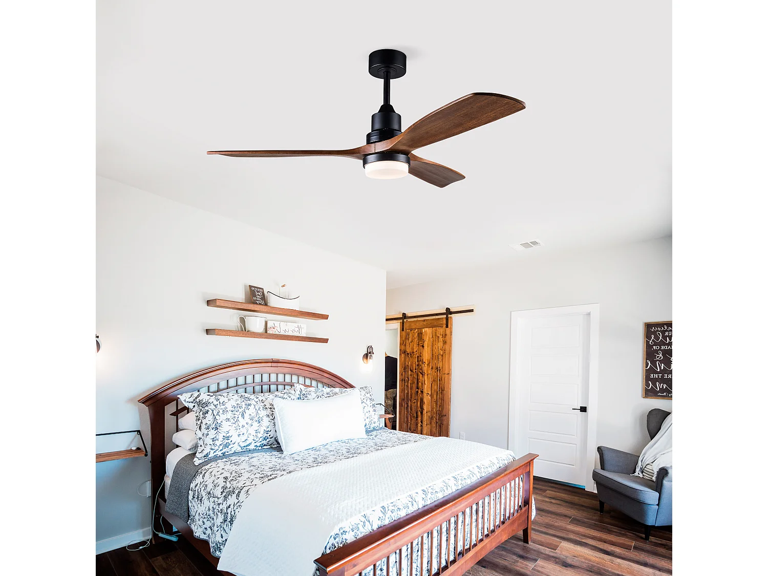 Ventilateur de plafond avec éclairage, télécommande, 3 pales en bois et minuterie à 6 vitesses