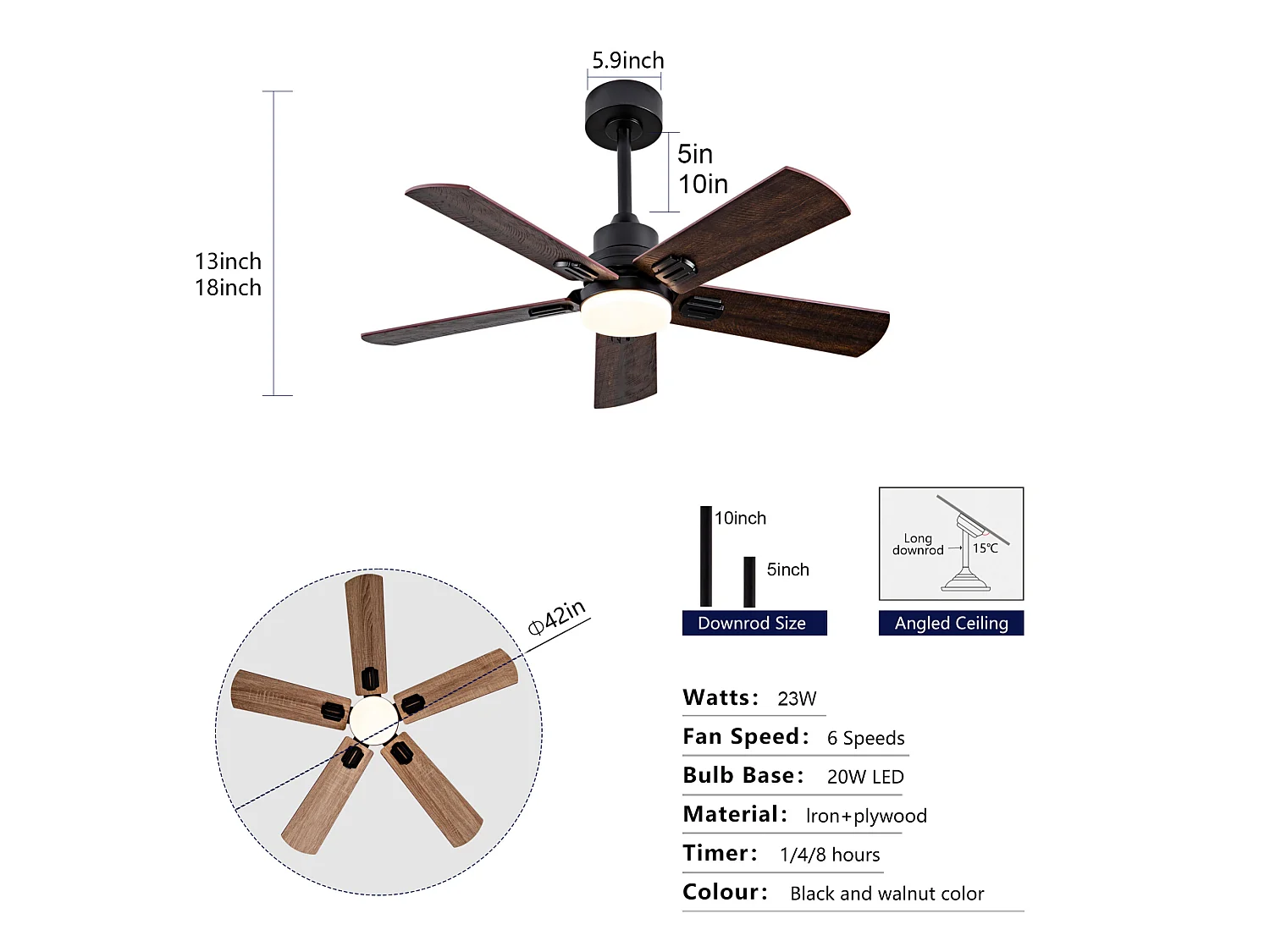 Ventilateur de plafond noir de 42" avec éclairage et télécommande