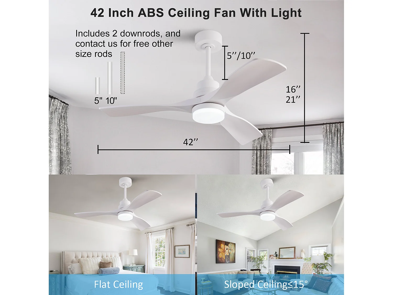 Ventilateur de plafond 107 cm avec lumière , 6 vitesses et minuteur à 3 vitesses - Blanc