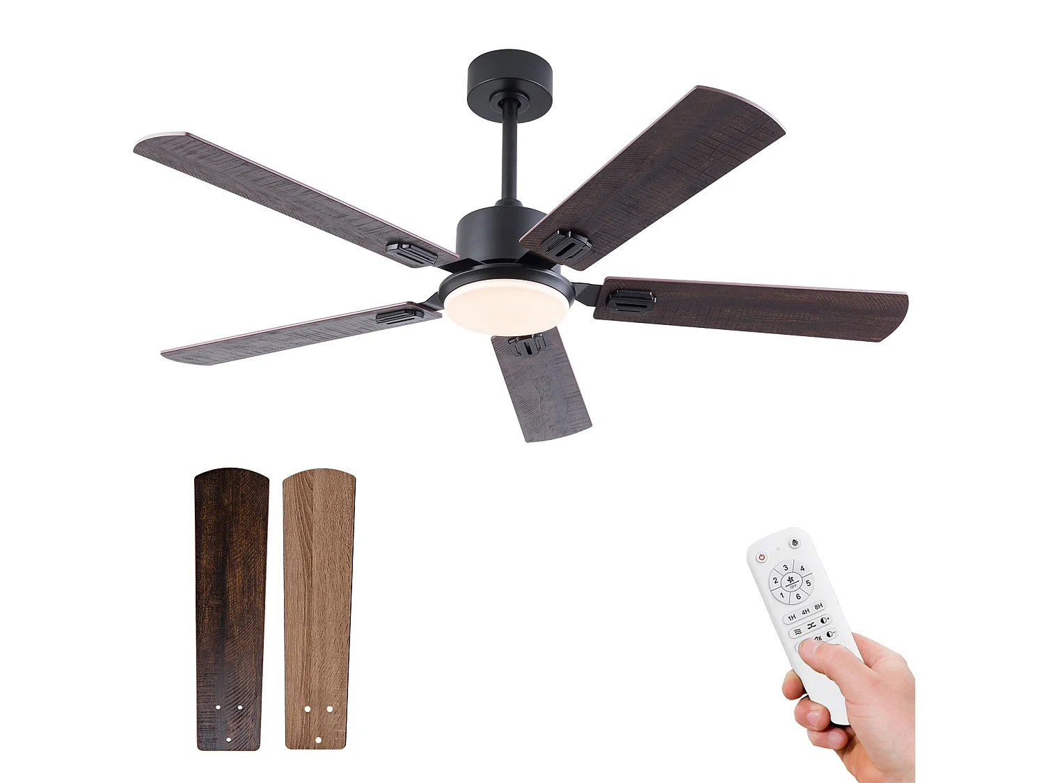 Ventilateur de plafond noir de 132 cm avec lumière et télécommande et 6 vitesses