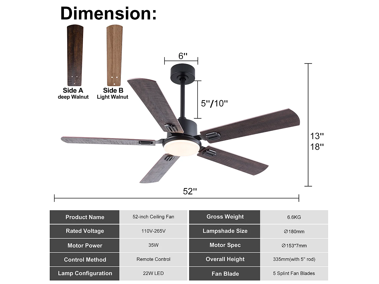 Ventilateur de plafond noir de 132 cm avec lumière et télécommande et 6 vitesses