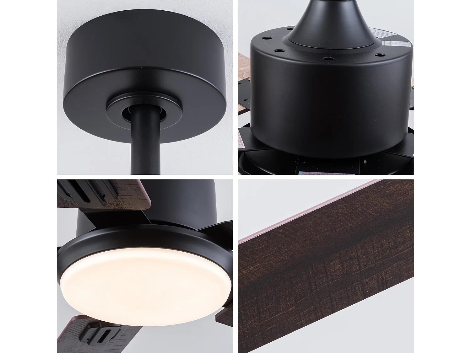 Ventilateur de plafond noir de 132 cm avec lumière et télécommande et 6 vitesses