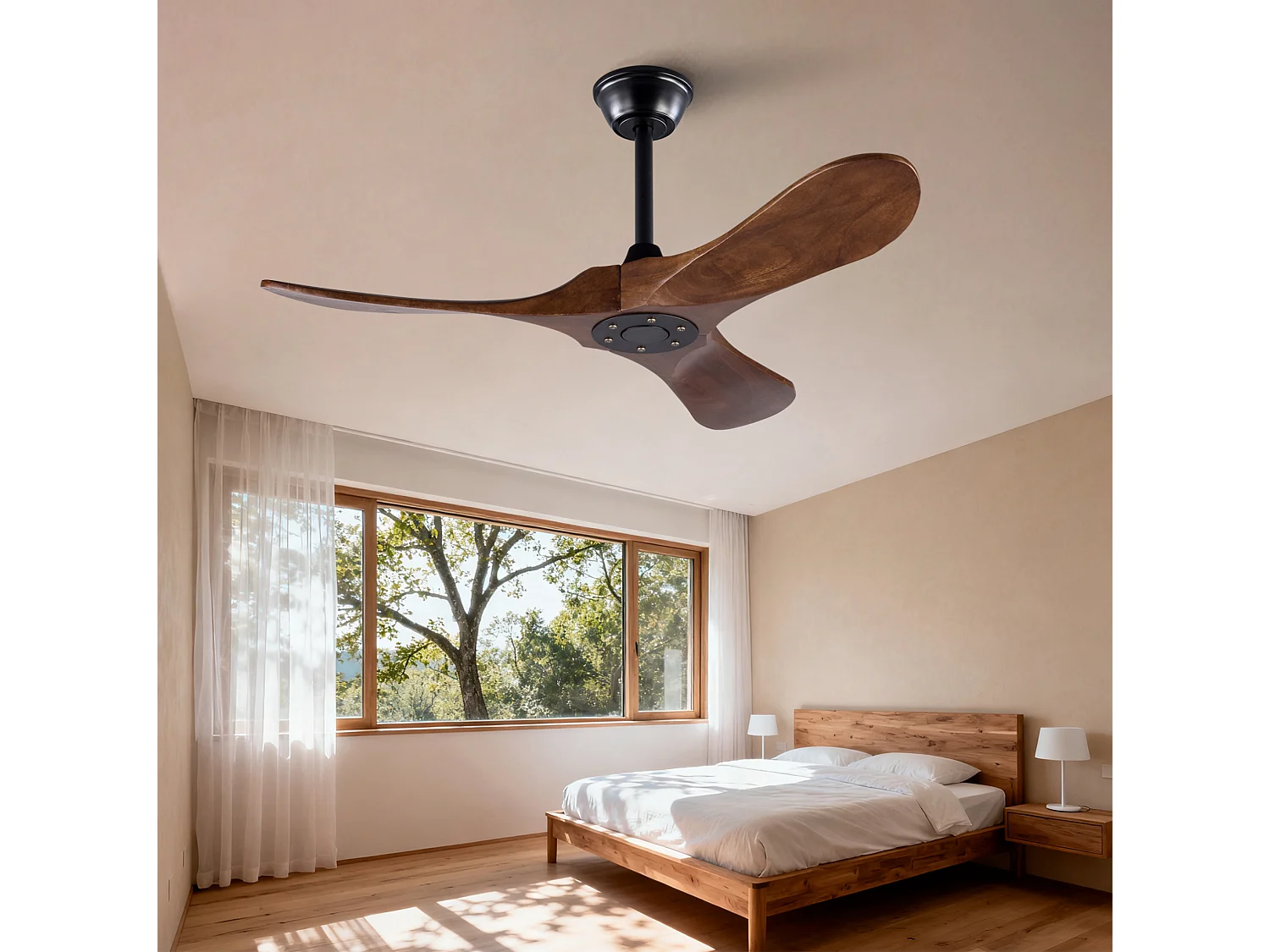 Ventilateur de plafond de 107 cm avec 3 pales en bois et télécommande, 6 vitesses - Pour patio, salon et chambre