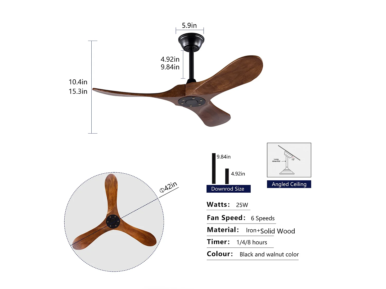 Ventilateur de plafond de 107 cm avec 3 pales en bois et télécommande, 6 vitesses - Pour patio, salon et chambre