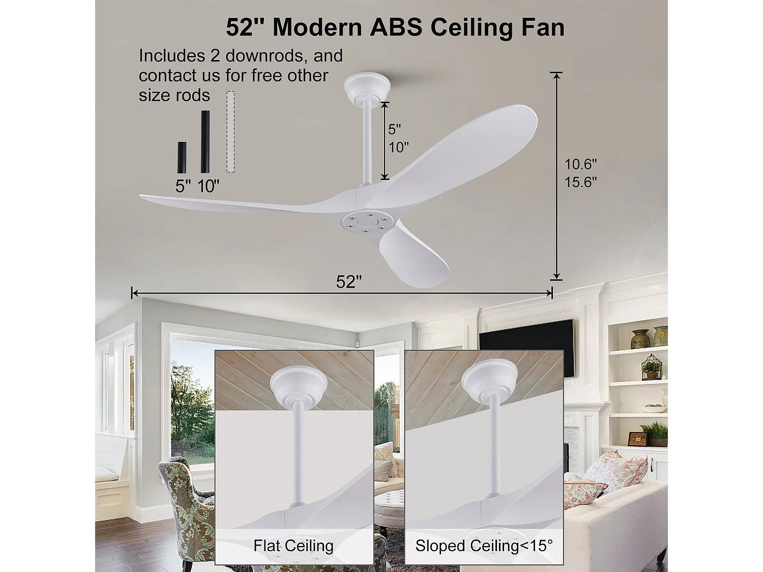 Ventilateur de plafond de 132 cm avec 6 vitesses et télécommande - Blanc