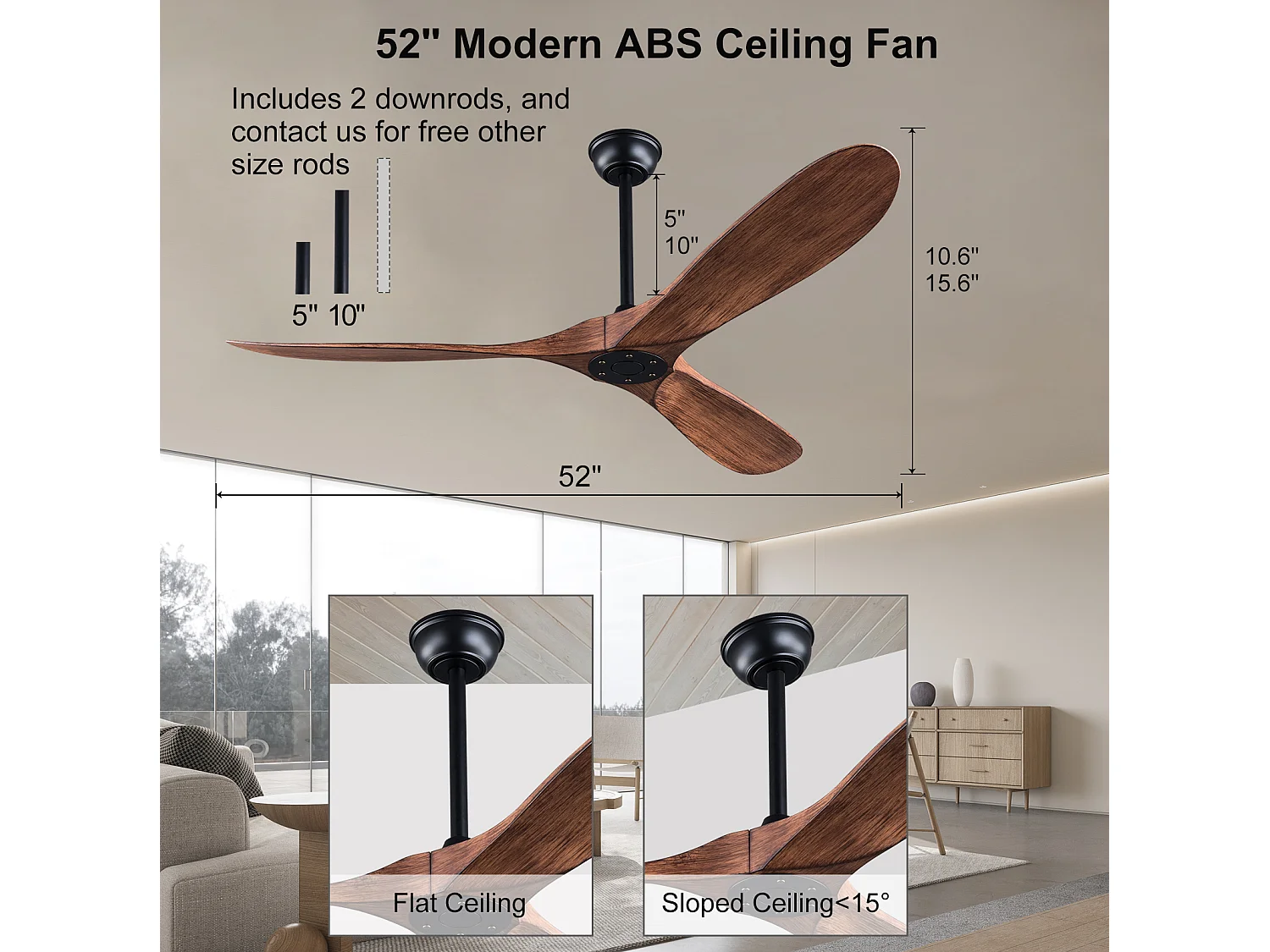 Ventilateur de plafond de 132 cm avec 6 vitesses et télécommande - Bois foncé
