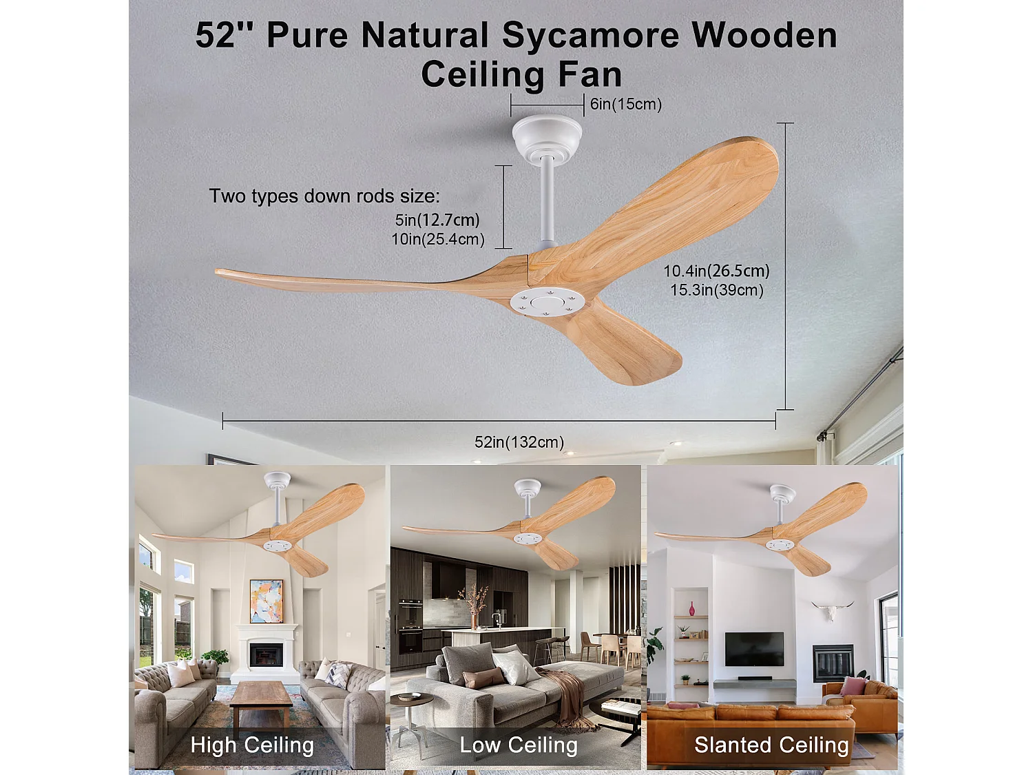 Ventilateur de plafond 6 vitesses - Sans Ampoule, silencieux, fonction de minuterie - Naturel clair et blanc