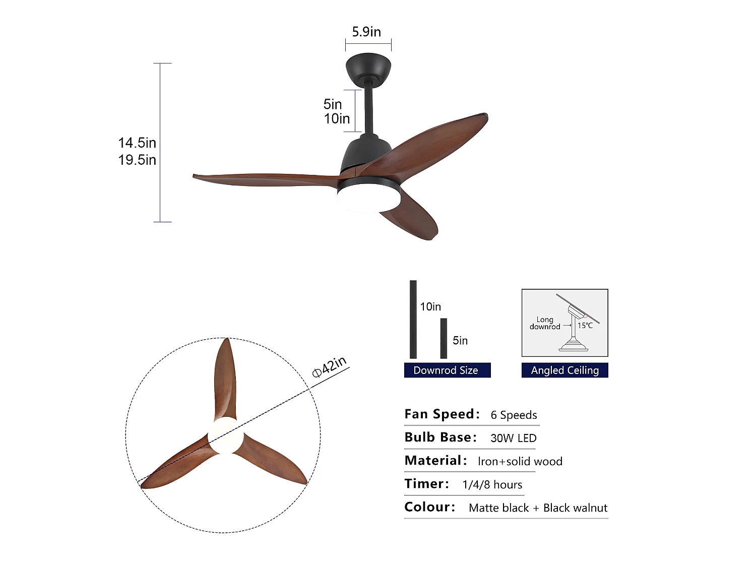 Ventilateur de plafond avec éclairage, télécommande, silencieux et minuterie - Pour la salon