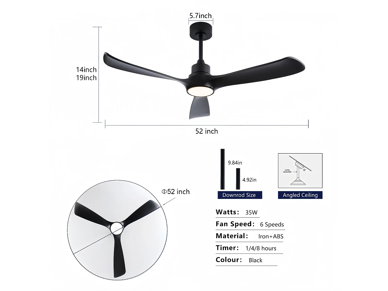 Plafondventilator van 132 cm met verlichting, 6 snelheden en timerfunctie - Zwart