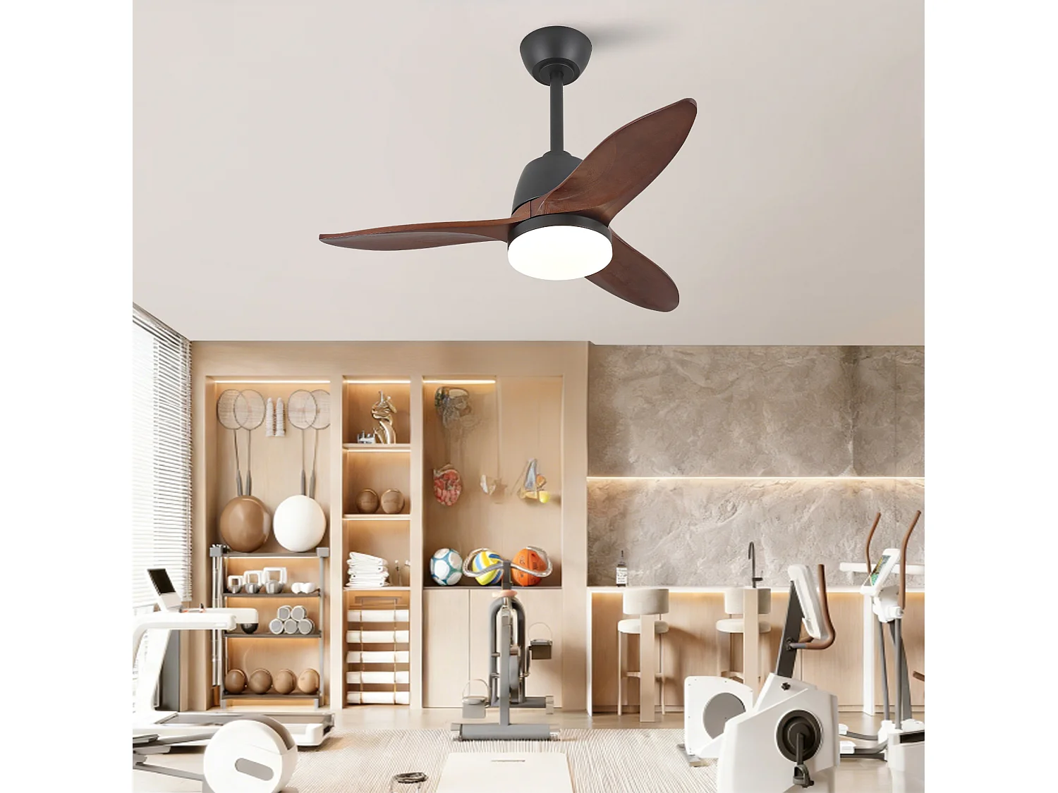 Ventilateur de plafond noir de 91 cm avec pales en bois - Intensité lumineuse réglable sur 3 couleurs