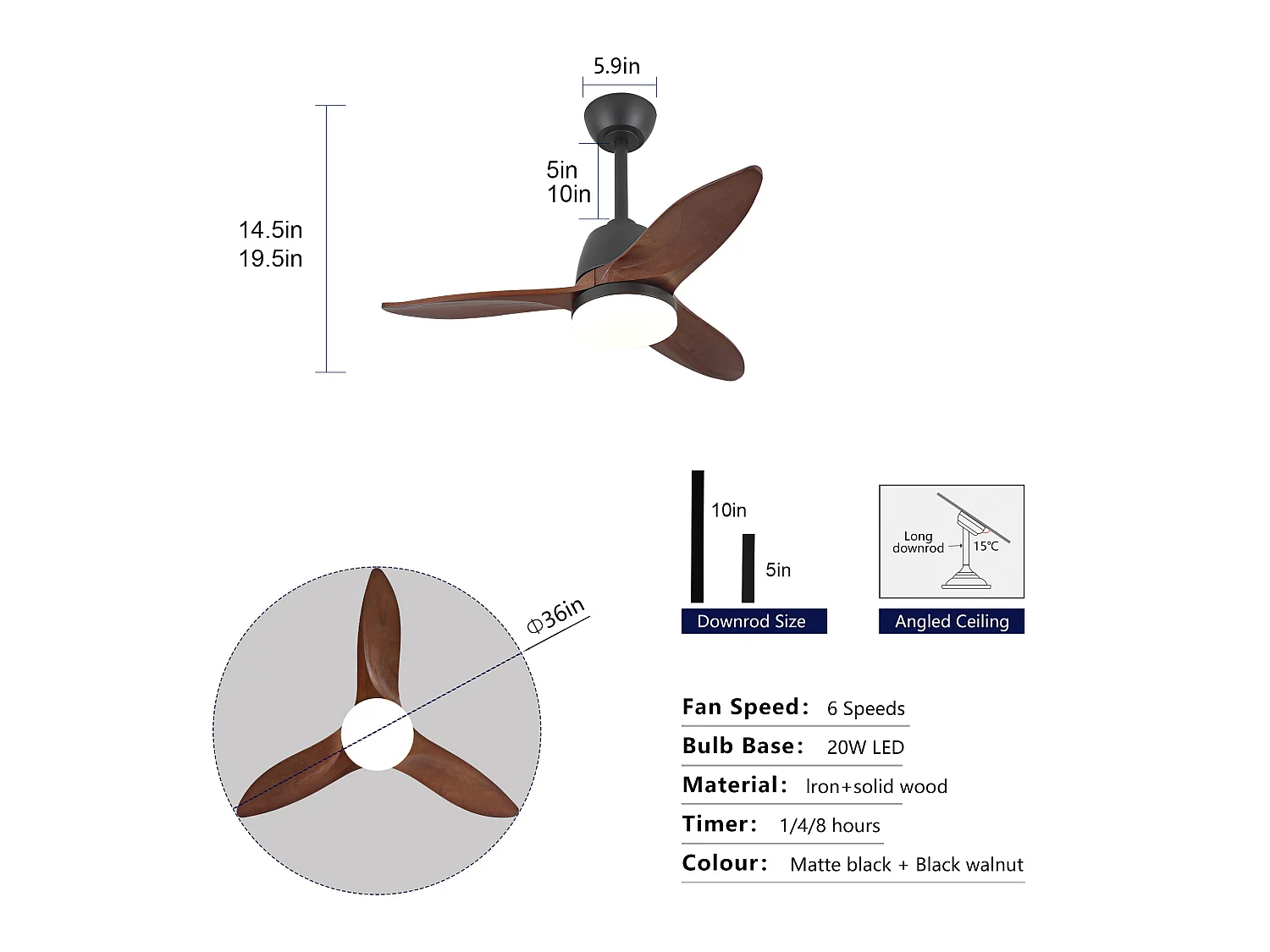 Ventilateur de plafond noir de 91 cm avec pales en bois - Intensité lumineuse réglable sur 3 couleurs