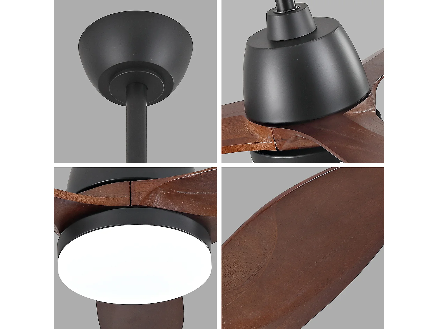 Ventilateur de plafond noir de 91 cm avec pales en bois - Intensité lumineuse réglable sur 3 couleurs