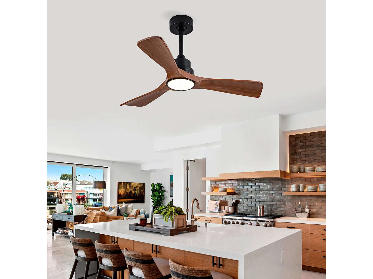 Ventilateur de plafond avec lumière LED intensité variable - Couleur noyer, pour intérieur et extérieur